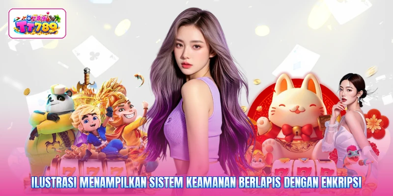 Ilustrasi menampilkan sistem keamanan berlapis dengan enkripsi